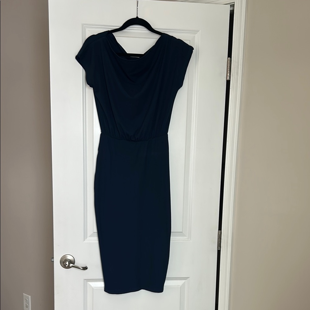 Blue Ribbed Cowl Neck Sheath Midi Dress